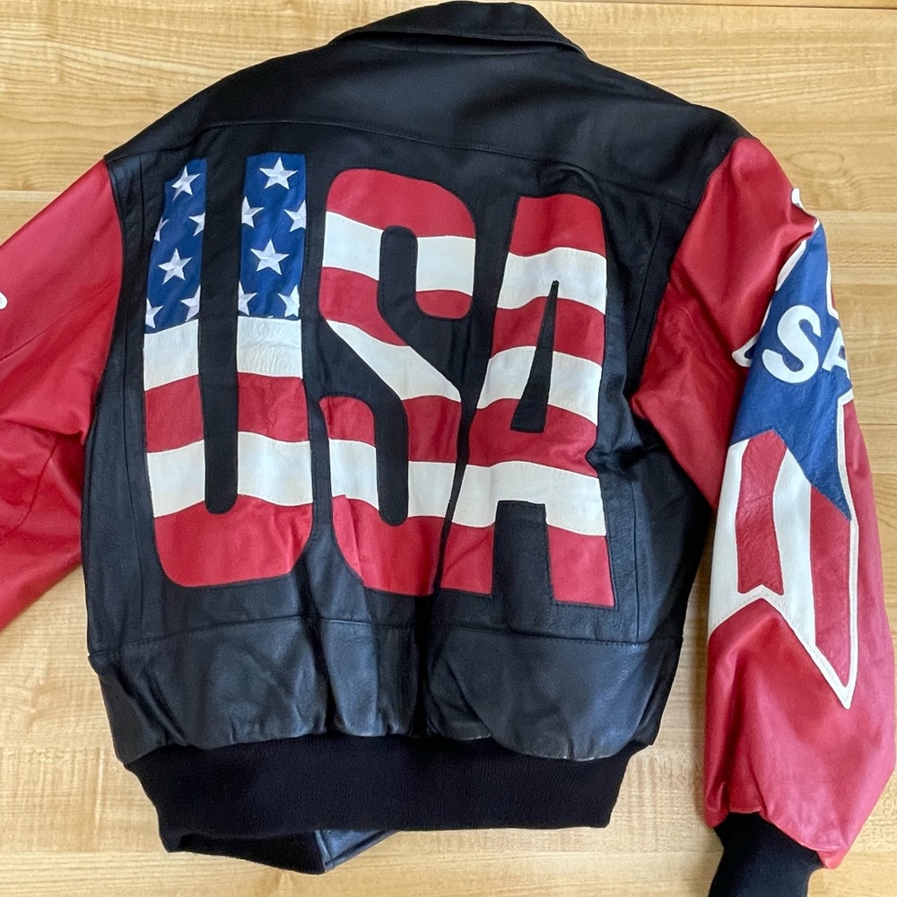VINTAGE MICHAEL HOBAN USA PATRIOTIC LEATHER JACKET.